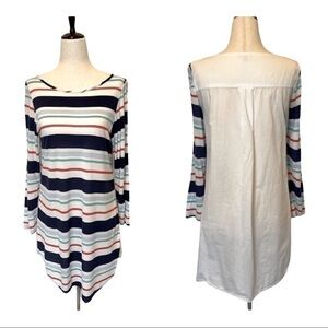 Splendid White Multicolor Striped Multi Fabric Long Sleeve Roll‎ Tab Top Size S